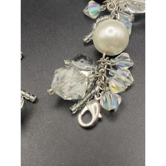 Faux White Pearl Bracelet AB Crystal Silver Tone Bridal Prom Pageant Fits 6.5" - Picture 7 of 8